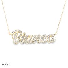 Our personalized script nameplate diamond necklace is made of solid 14k gold and set with high quality natural diamonds to ensure your necklace will be a show stopper. Personalize this necklace by writing your name in the box, choosing one of our 8 unique fonts, selecting the number of letters in your name, setting the chain type, and gold color. You can see a live preview of the name you write in our font previewer. Item Information Metal: 14k Gold Letter Dimensions: Lowercase Letter Height: 5. Lowercase Letter, Nameplate Necklace, Gold Letter, Initial Jewelry, Unique Fonts, Gold Letters, Letter Paper, Rose Gold Color, Lower Case Letters