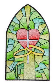 a stained glass window with a cross and heart