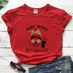 Coloreddeadinsidebutcaffeinated T-shirtspooky Women Short Sleeve Graphicskullcoffeelover Top Tee Shirt Casual Skull T-shirt For Fall, Casual Red Skull Print Tops, Casual Halloween Tops With Front Print, Casual Tops With Front Print For Halloween, Spooky Women, Skull Coffee, India And Pakistan, Grey Fashion, Top Tee