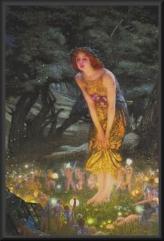 a painting of a woman and her dog in the grass with fairy lights on them