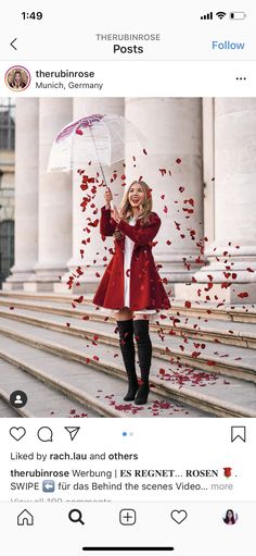 a woman holding an umbrella in front of some steps with red petals on it and the caption reads, there is nothing