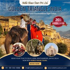 an advertisement for the golden triangle india tour with pictures of people riding on an elephant