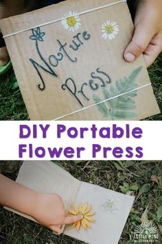 a kid is holding a flower in front of a sign that says diy portable flower press