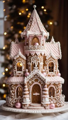 a large gingerbread castle is on a plate