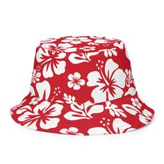 Red and White Hawaiian Flowers Reversible Bucket Hat - Extremely Stoked Trendy White Bucket Hat For Outdoor, White Summer Bucket Hat For Outdoor, Reversible Bucket Hat For Beach, Reversible Cotton Sun Hat For The Beach, Red Bucket Hat For Outdoor Summer Activities, Casual White Bucket Sun Hat, Red Bucket Hat For Summer Outdoor, Casual Reversible Bucket Hat For Beach, Lightweight White Bucket Hat For Vacation