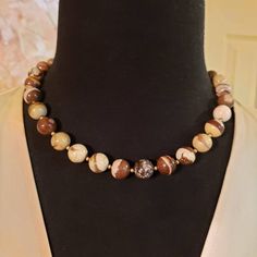 "WHAT A UNIQUE FIND! Great combination of Fine Jewelry with natural Opaque Gemstones Approximately 12mm round (cappuccino) Brown Zebra Jasper beads alternating with smaller 14K yellow gold beads - colors are truly beautiful. Basically coffee browns and creams, similar to Picture Jasper - ALL NATURAL Hallmarked 14K G.S.J. 18\" Long Closure is a 14K fishhook clasp. Contact me with any questions" Beads Colors, Round Bead Necklace, Zebra Jasper, Jasper Necklace, Picture Jasper, Jasper Beads, Fine Jewellery Necklace, Gold Beads, Brown Gold