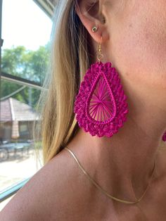 Stylish earrings. Handwoven by Colombian Artisan Women from our social impact project OCHABE. - Ethically sourced -Limited Collection Dimensions: Long: 3.5" Weight: 0.1 lb Shipping: 7-9 business days Pink Chandelier Earrings For Summer Party, Beach Dangle Chandelier Earrings, Handmade Earrings For Spring, Adjustable Teardrop Earrings For Summer Gifts, Adjustable Teardrop Earrings For Summer, Handmade Chandelier Earrings For Summer Beach Occasions, Teardrop Earrings For Summer Parties, Teardrop Chandelier Earrings For Festival, Pink Teardrop Earrings For Beach