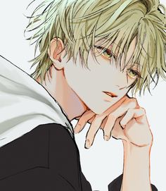 an anime character with blonde hair and green eyes is posing for the camera while holding his hand to his chin