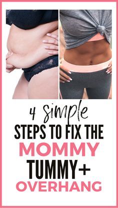 four pictures with the words 4 simple steps to fix the mommy tummy and overhang