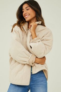 Chic Cotton Utility Jacket For Winter, Beige Quilted Cotton Outerwear, Quilted Beige Cotton Outerwear, Beige Winter Outerwear With Corduroy Collar, Long Sleeve Quilted Jacket For Fall, Trendy Quilted Outerwear For Fall, Oversized Long Sleeve Quilted Jacket For Fall, Oversized Quilted Jacket With Long Sleeves For Fall, Oversized Quilted Long Sleeve Outerwear