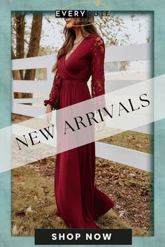 Red Lace Sleeve Faux Wrap Belted Maxi Dress Chic Burgundy Maxi Dress For Fall, Solid Color Maxi Dress For Fall Date Night, Burgundy Maxi Dress For Formal Fall Events, Burgundy Maxi Dress For Fall Formal Occasions, Fall Formal Burgundy Maxi Dress, Burgundy Long Sleeve Maxi Dress For Date Night, Red Maxi Dress For Fall Night Out, Belted Maxi Dress, Wrap Belt