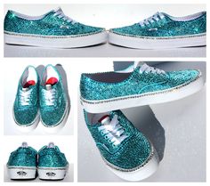 Do you love the idea of bling shoes, but high heels are not really your thing? These bling Vans have been given a superstar makeover with aqua and silver crystals as far as the eye can see! These ladies? aqua Vans with Swarovski crystals have all the sparkly appeal of bling heels for the more down to earth ladies out there. The Swarovski Crystal Vans you see before you have been painted in glitter paint and then had a close encounter with hundreds of individual crystals to create a flat shoe tha Prom Shoes Pumps, Flat Prom Shoes, Prom Shoes Silver, Sparkly Wedding Shoes, Custom Wedding Shoes, Crystal Wedding Shoes, Bling Heels, Fun Wedding Shoes, Special Occasion Shoes