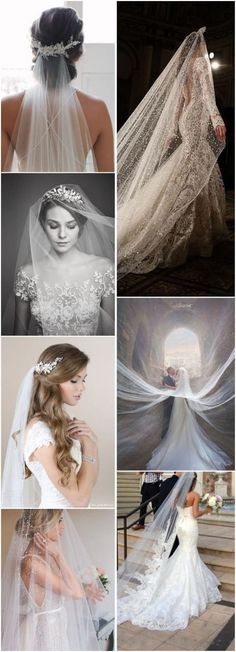 wedding dresses and veils are featured in this collage with the bride's dress