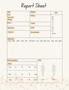 a report sheet with two people standing next to each other and flowers on the side