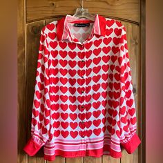 Red And White Hearts Blouse Fitted Red Tops With Heart Print, Fitted Red Top With Heart Print, Fitted Red Heart Print Top, Summer White Blouse With Heart Print, White Heart Print Blouse For Summer, Fitted Heart Print Blouse, Fitted Red Heart-shaped Top, Red Heart Graphic Top For Spring, Red Tops With Heart Graphic For Spring