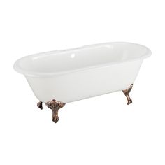 an old fashioned claw foot bathtub with white paint and gold accents on the legs