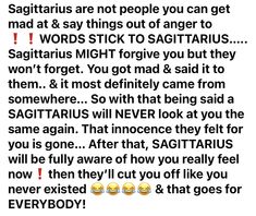 the text is written in different languages and has emoticions on it that say, sagitarius are not people you can get mad at