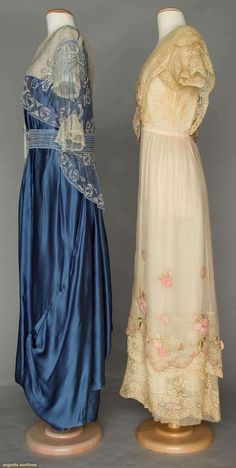 TWO ROMANTIC EVENING GOWNS, 1912-1914 Augusta Auctions New York City 1 dark blue silk charmeuse, bodice covered in white bugle beads on net, B 37", W 32", L 55", (net torn & discolored on shoulder); 1 white silk & chiffon over-dress w/ princess lace & pink silk blossoms, B 34", W 26", L 55", (large hole in skirt front, 3 small in back) both fair. Evening Dresses For Weddings, Ladies Gown