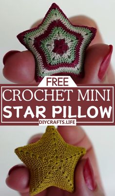 crochet mini star pillow with text overlay reading free crochet mini star pillow