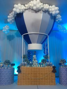 a blue and white hot air balloon decoration