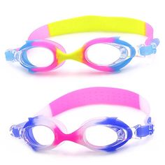 two swimming goggles with different colors and designs on the front, one in pink, one in blue