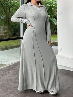 Casual Gray Stretch Maxi Dress, Casual Gray V-neck Maxi Dress, Casual Gray Long Sleeve Dress, Casual Long Sleeve Non-stretch Maxi Dress, Casual Gray Long Sleeve Maxi Dress, Plain Long Sleeve Casual Dress, Casual Long Sleeve Solid Color Maxi Dress, Casual Plain Long Sleeve Dress, Casual Long Sleeve Plain Dress