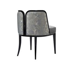 a black and silver chair on a white background with the seat upholstered to it's back