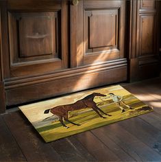 a horse rug sitting on top of a wooden floor next to an open cabinet door