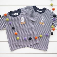 "Trick or treat! Halloween is almost here! Does your little boy love Halloween and all things creepy? If the answer is yes, then he will love these Halloween shirts. You will love the quality, while he will love the spooky designs. Boutique shirt is dark NAVY and white stripe, not a true black though its very dark so looks more black than navy. Embroidered with a Halloween design of your choice and initials underneath. Please include in the \"notes to seller\" section: 1. initials (first middle Toddler Halloween Shirt, Toddler Halloween Shirts, Halloween Shirts For Boys, Boutique Shirts, Spooky Designs, Toddler Halloween, Halloween Boys, Ghost Shirt, Halloween Shirts