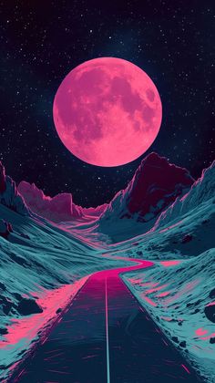 an image of a road going to the moon with mountains in the background and pink hues