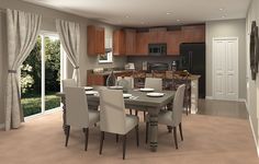 a dining room table and chairs in front of an open kitchen with sliding glass doors