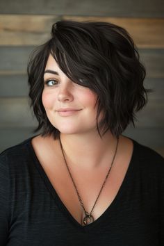 plus-size-hairstyles Long Bob Haircuts Plus Size, Plus Size Bob With Bangs, Medium Short Haircut Women, Short Hairstyle For Rounded Face, Medium Length Pixie Haircut, Chin Length Layered Hair, Bangs Plus Size, Punk Bob Haircut, Bob Cut For Chubby Face