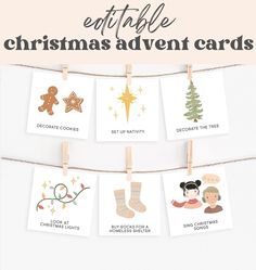 christmas cards hanging on a clothes line with the words, editable christmas adventure cards