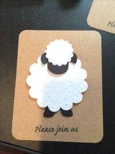 a card with a black and white sheep on it's side that says please join us