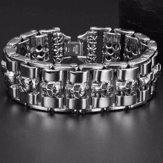 This Stainless Steel Fashion Wide Skull Bracelet is a great accent that complements a variety of looks, from fantasy, medieval to modern in style. Shop now! Gothic Jewellery, Expensive Jewelry Luxury, American Legend, Jewelry Luxury, Skull Bracelet, Skull Jewelry, Expensive Jewelry, Gothic Jewelry, Watches Jewelry