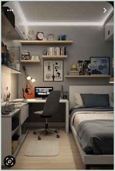 a small bedroom with a bed, desk and computer