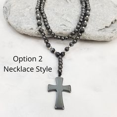 Mens Rosary Style Necklace Men Cross Necklace Black Onyx Men | Etsy Hematite Bead Necklace As A Gift, Black Beaded Cross Necklaces As Gift, Adjustable Cross Necklace With 108 Beads, Adjustable Cross Necklace With 8mm Beads, Hematite Bead Necklaces As Gifts, Black Adjustable Necklace With Cross Pendant, Adjustable Black Cross Pendant Necklace, Spiritual Black Cross Pendant Necklace, Spiritual Black Cross Beaded Necklace