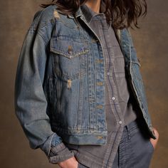 The jean jacket is a coveted wardrobe staple we couldn’t do without. With its industrial roots, it has become an iconic element of American fashion, an embodiment of the independence, and freedom that is deeply ingrained in American culture. The Marlie is a twist on tradition, combining details of another American classic, the western denim shirt, to elevate and set it apart. Our True Blue Vintage wash is broken-in, with intentionally placed fading, whiskers, distressing, and hand grinding to le Distressed Recycled Denim Jacket For Fall, Classic Distressed Denim Jacket For Fall, Classic Distressed Dark Wash Denim Jacket, Rugged Distressed Outerwear For Spring, Classic Distressed Denim Outerwear, Distressed Recycled Denim Outerwear For Fall, Vintage Cotton Denim Jacket In Medium Wash, Pre-washed Denim Jacket For Fall, Pre-washed Denim Blue Jacket For Fall