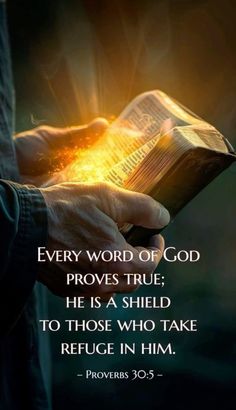 a person holding an open book with the words, every word of god proves true he is