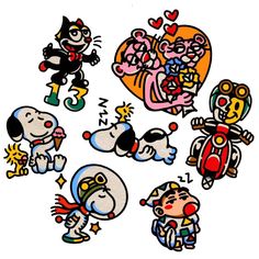 an image of cartoon character stickers on a white background, including dogs and cats