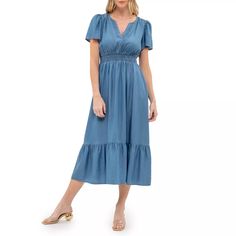 August Sky Women's Split Neckline Midi Dress, Chambray, Small : Target Shipt Shopper, Tiered Midi Dress, Flounce Sleeve, Woman Standing, Floral Midi Dress, Timeless Pieces, Stand Collar, Same Day Delivery, Chambray