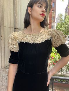 "30s Rare vintage dress, black silk velvet with floral lace and rhinestones all around the front back and sleeves , fit and flair evening gown, short puffy sleeves and a cuffs. Round neckline with floral lace and rhinestones. Long floor length skirt. Zipper closure on the left side. No belt, rectangular seems gathering at back below the waist that flairs out. Unlined. originally from the L. P. Hollander Company in New York City. Size S. Shoulders 14.\" Bust 15.5\" waist 13\" Sleeve 11\" \"Length Vintage Dress Black, Short Puffy Sleeves, Rare Dress, Vintage Black Dress, Skirt Zipper, Floor Length Skirt, Puffy Sleeves, Silk Velvet, Etsy Shipping