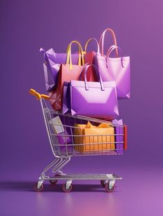 a shopping cart filled with lots of different colored handbags on purple and pink background