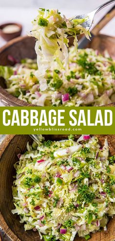 cabbage salad in a wooden bowl with broccoli and red onion sprouts