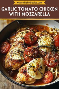 garlic tomato chicken with mozzarella in a skillet on top of a wooden table