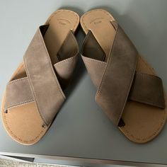 New!! Never Worn Gap Slip On Tan Suede Sandals! Easy To Wear And Great Color. They Go With Everything.. Gap Open Toe Sandals For Spring, Gap Sandals With Round Toe For Spring, Gap Adjustable Open Toe Sandals, Gap Casual Beach Sandals, Casual Gap Sandals For The Beach, Brown City, Striped Shoes, Uniqlo Bags, Gap Shoes