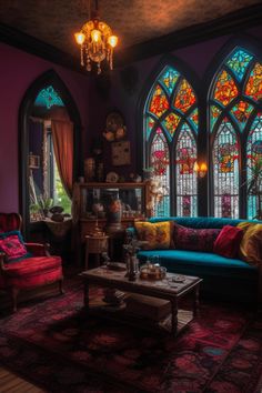 a living room with stained glass windows and colorful furniture in front of the couches