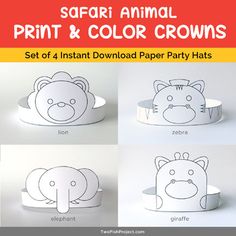 safari animal print and color crowns set of 4 instant download paper party hats for kids