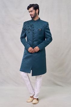 Teal green sherwani with cutdana, thread embroidery in floral pattern. Paired with off-white aligadhi pant. - Aza Fashions Green Long Sleeve Sherwani With Resham Embroidery, Green Long Sleeve Art Silk Sherwani, Semi-stitched Green Chanderi Sherwani, Luxury Semi-stitched Green Sherwani, Green Semi-stitched Long Sleeve Sherwani, Silk Embroidery, Green Man, Teal Green, Mandarin Collar