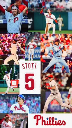 a collage of baseball players in different positions and numbers, including the number five